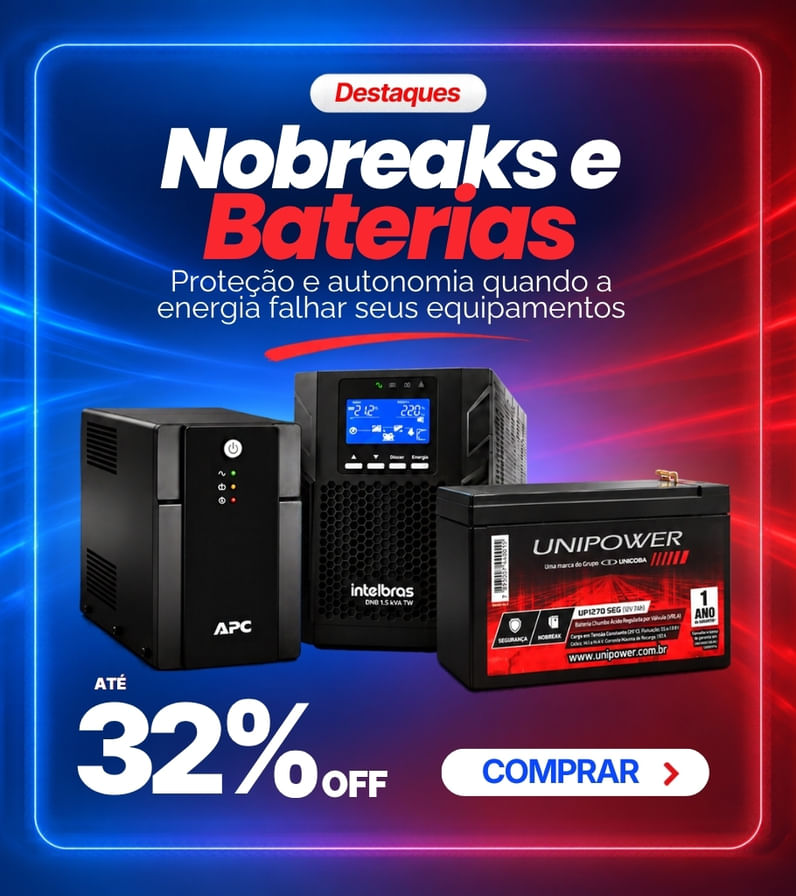 Nobreaks e baterias para energia de backup e proteção de equipamentos na Eletrônica Santana.